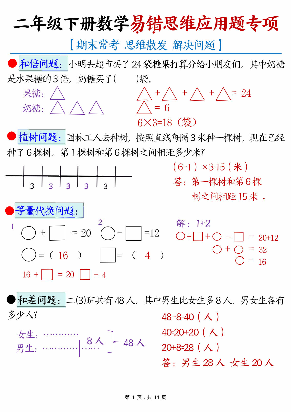 二年级下册数学【易错思维应用题专项（28道母题）练习+答案版14页】