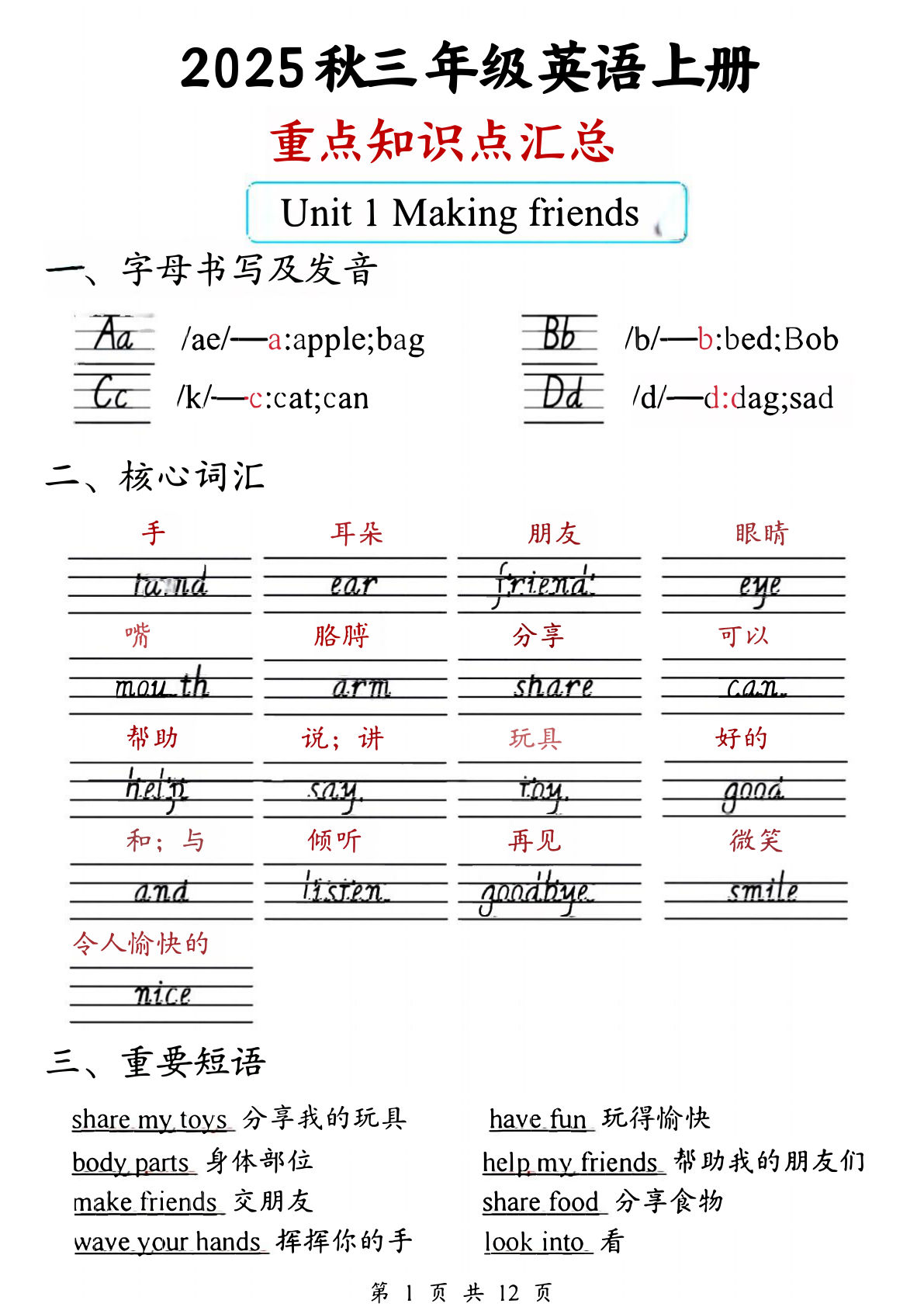 三年级上册人教PEP版英语【知识点汇总】