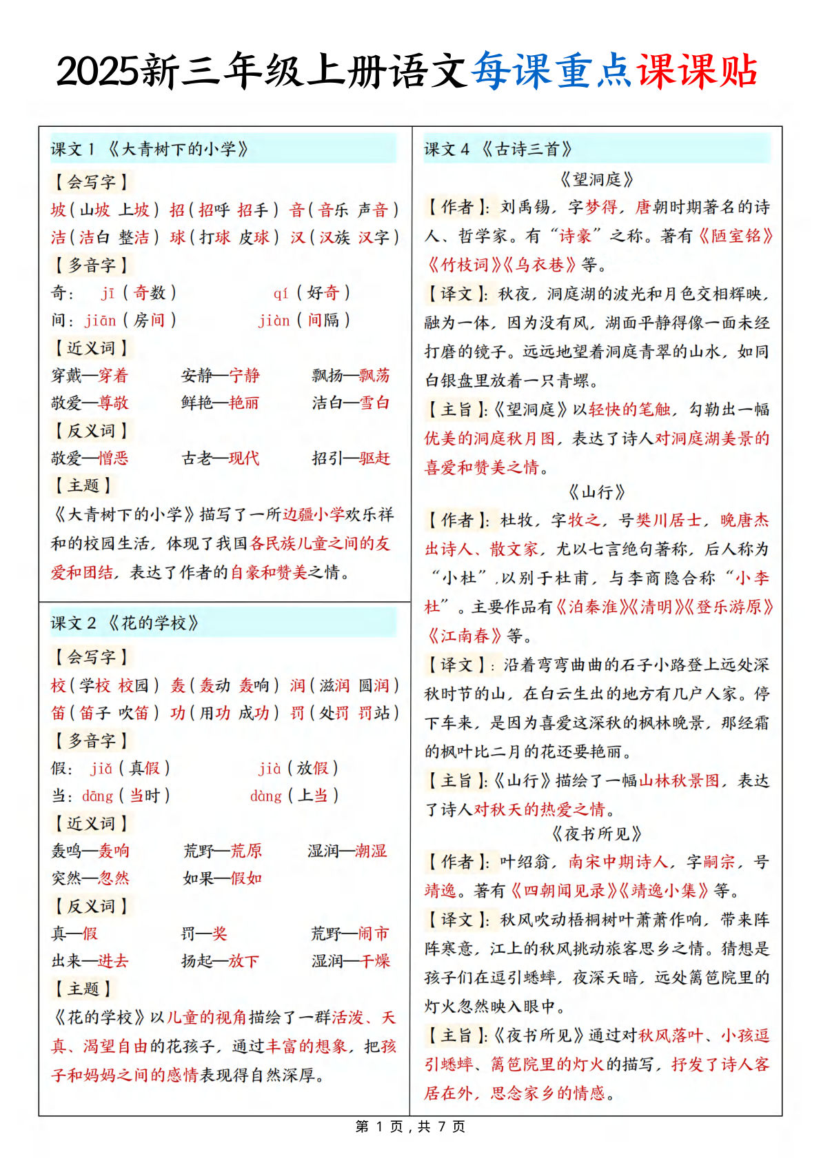 【2025新三年级上册语文每课重点课课贴（7页）