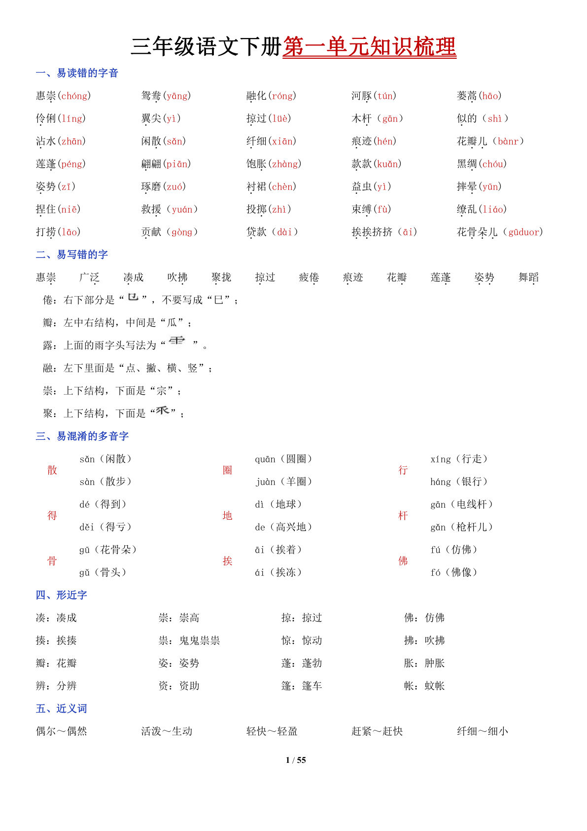 【1-8单元知识梳理（共55页）】三年级下册语文