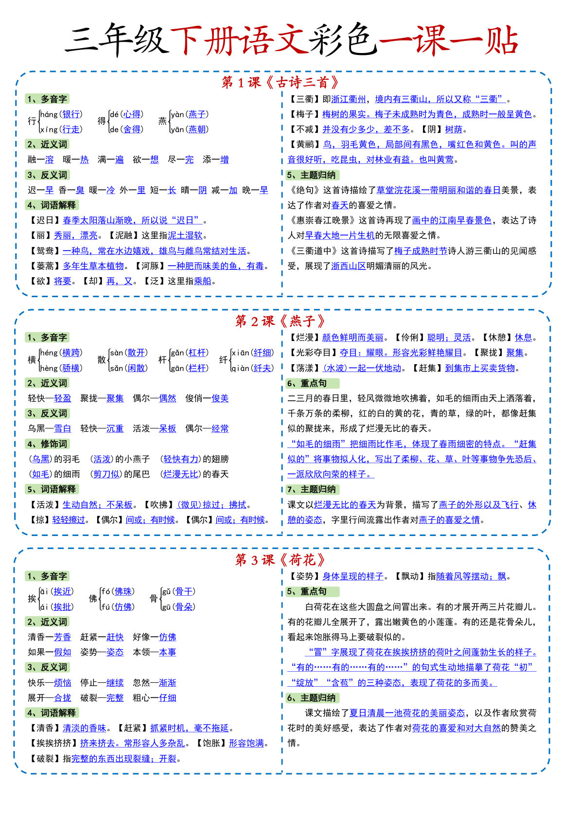 【2025春新版-彩色一课一贴（课内重点课课贴）10页】三年级下册语文