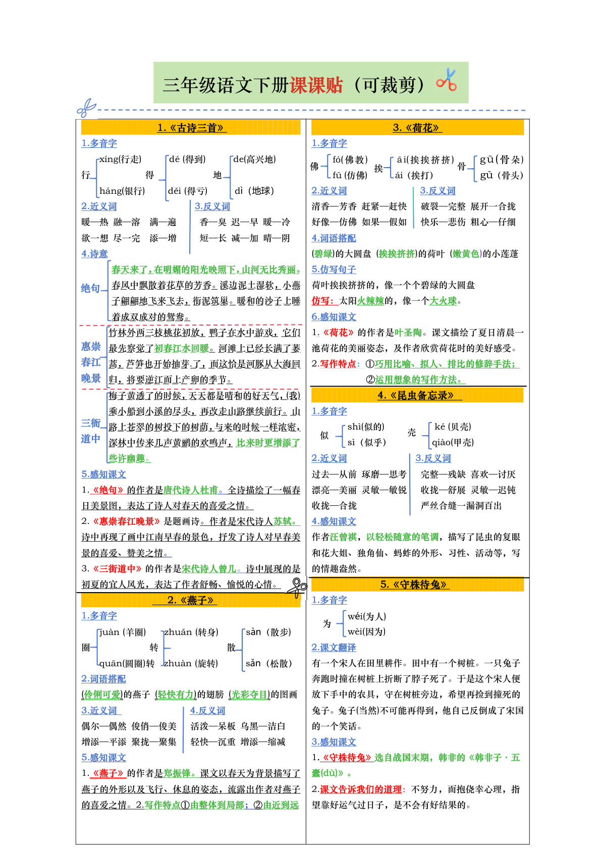 【课课贴 彩色版（完整28课）】三年级下册语文