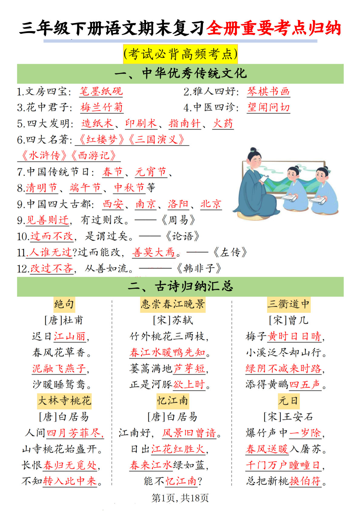 三年级下册语文期末复习全册重要考点归纳18页