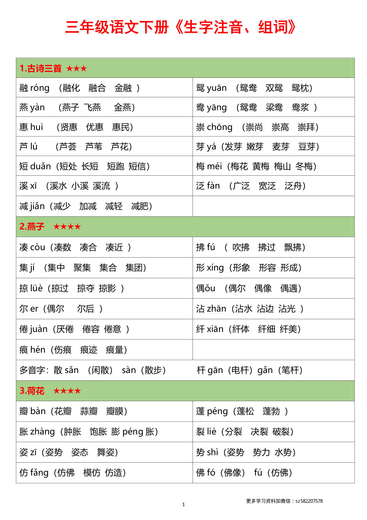 【生字注音组词】三年级下册语文