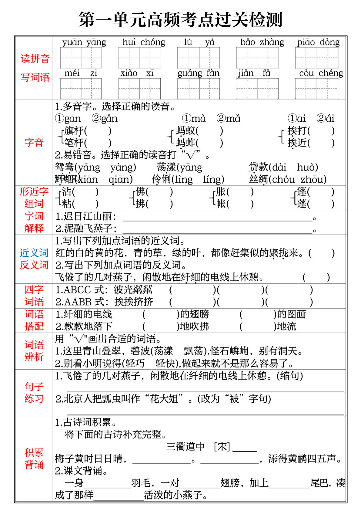 三年级下册语文1-8单元高频考点过关检测（8页）
