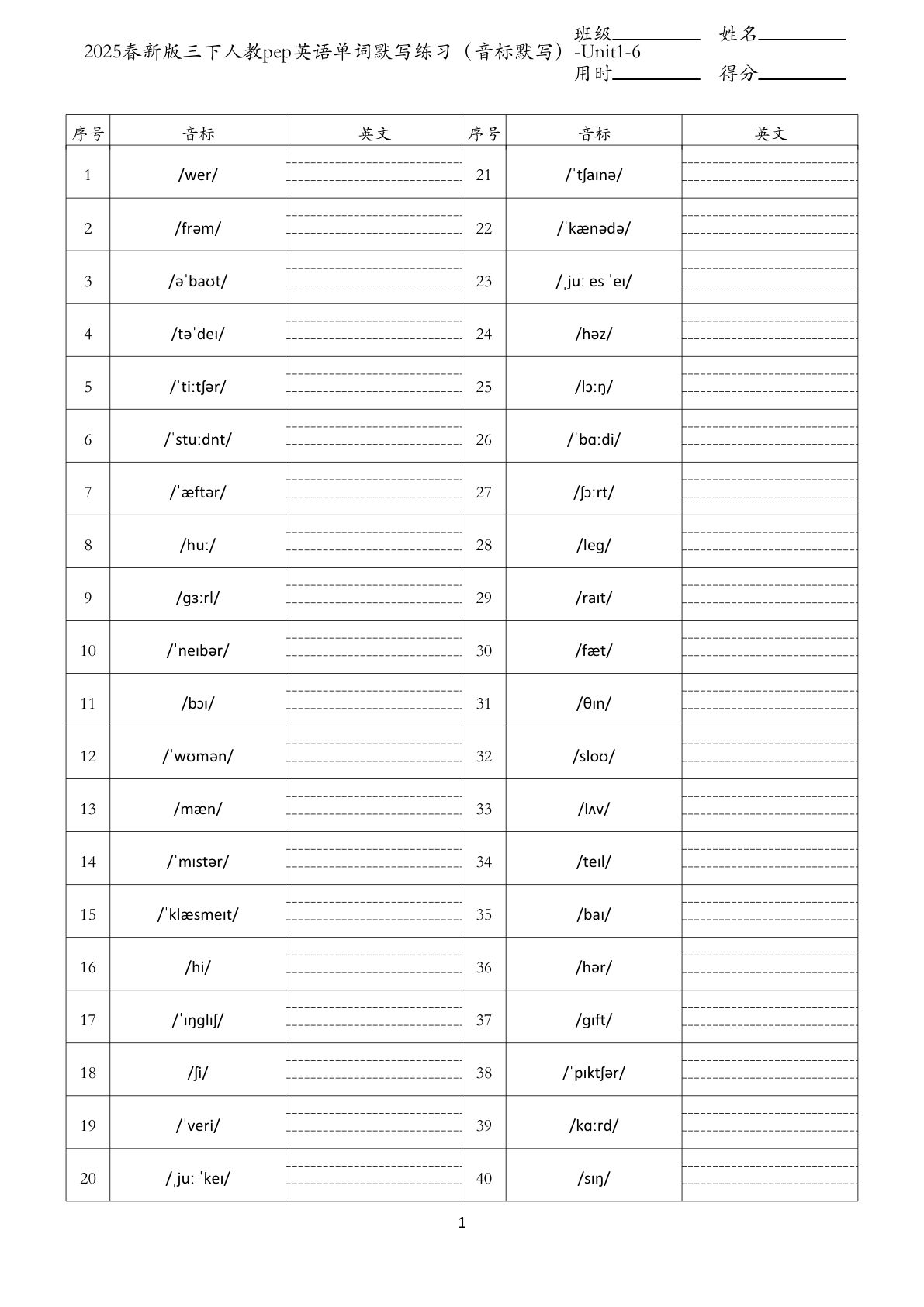 2025春新版三年级下册人教pep英语单词默写练习（音标默写）-Unit1-6