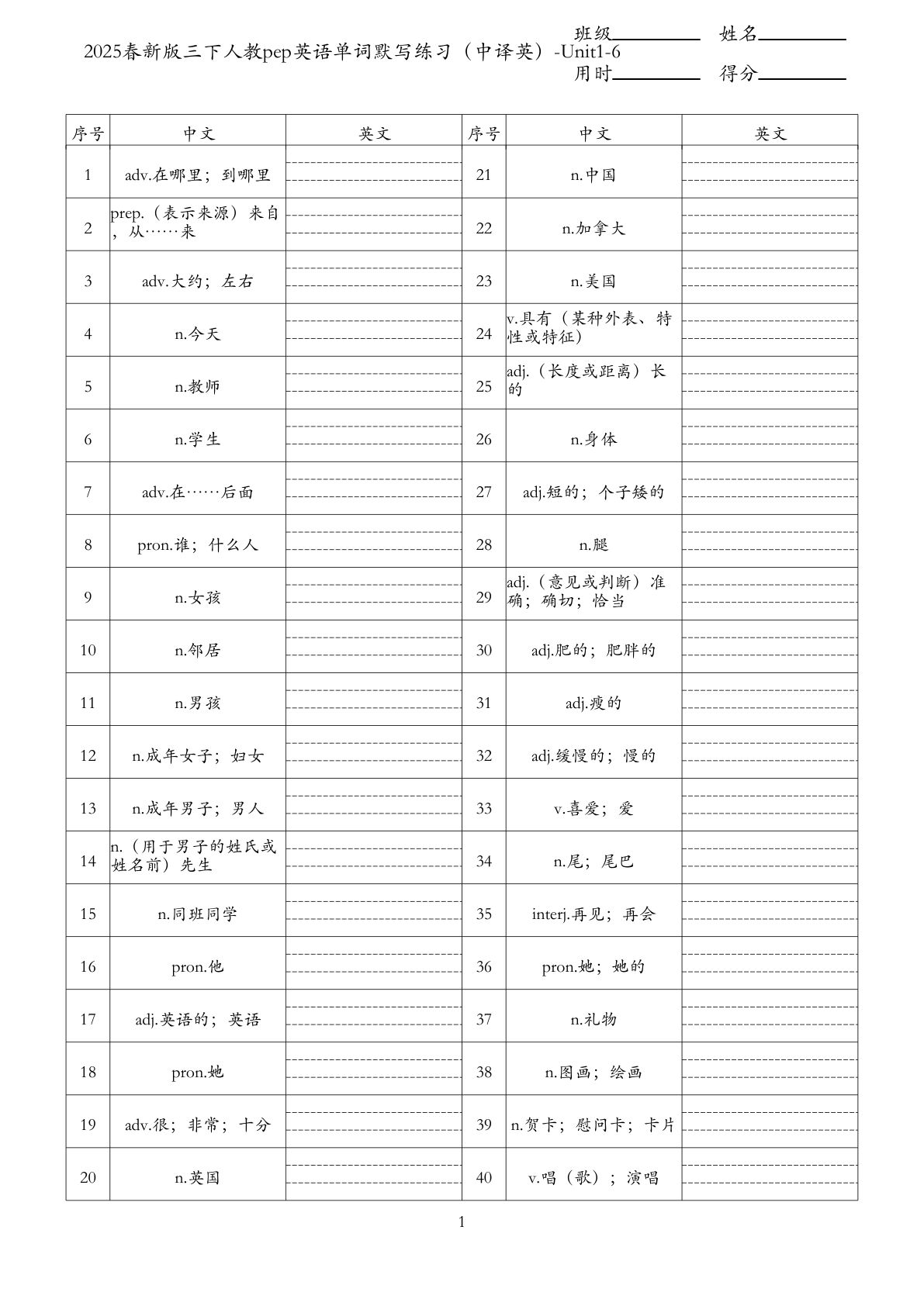 2025春新版三年级下册人教pep英语单词默写练习（中译英）-Unit1-6