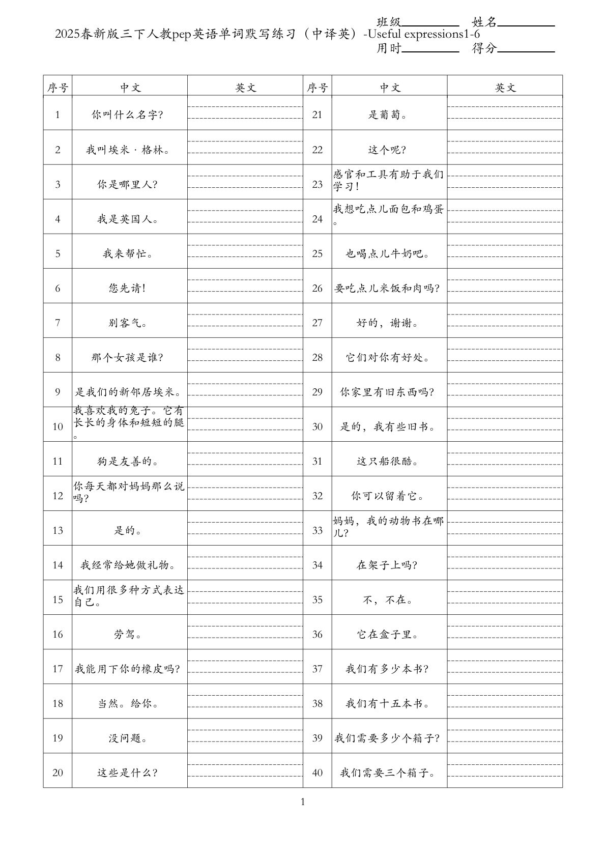 2025春新版三年级下册人教pep英语单词默写练习（中译英四线三格）-Useful expressions1-6