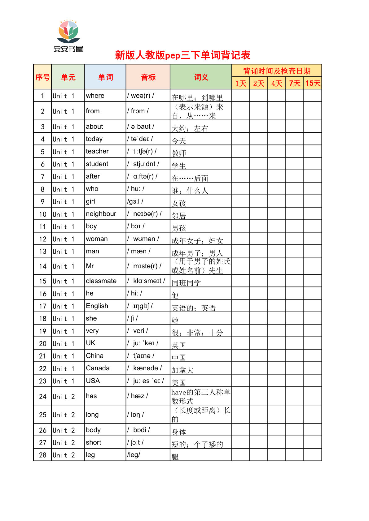 新人教Pep版三年级下册背记表