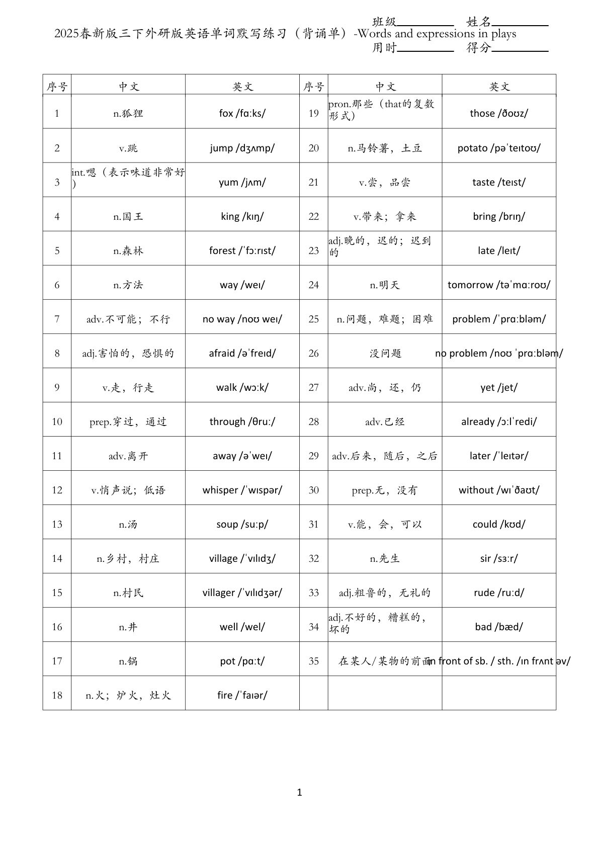 2025春新版三年级下册外研版英语单词默写练习（背诵单）-Words and expressions in plays