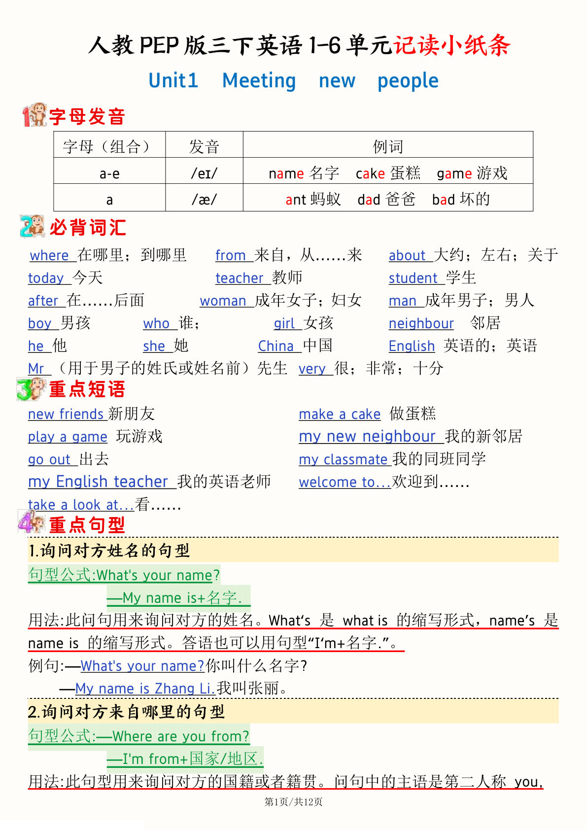 25新三年级下册人教PEP版英语期末复习1-6单元记读小纸条(12页）