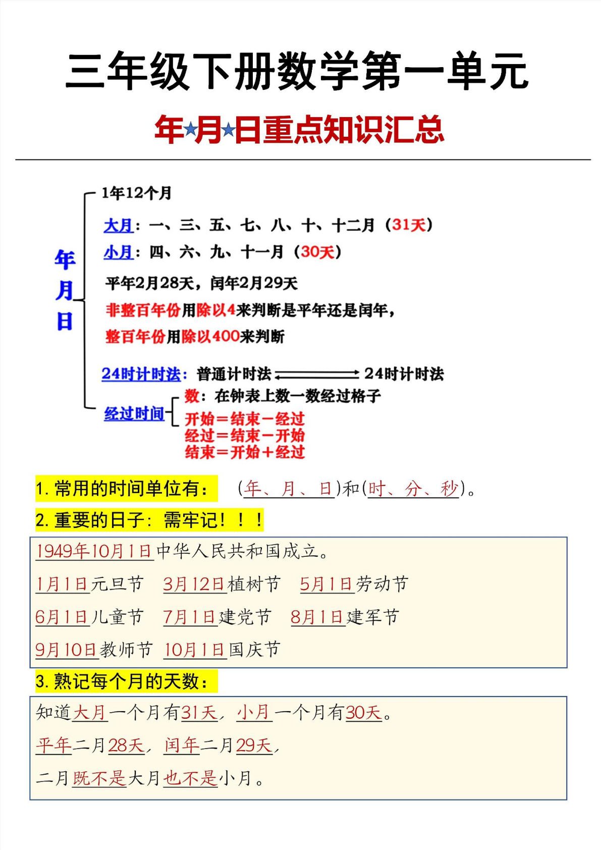 三年级下册数学第6单元年月日重点知识汇总-鸡娃题库官网-永久免费分享小学教辅资源