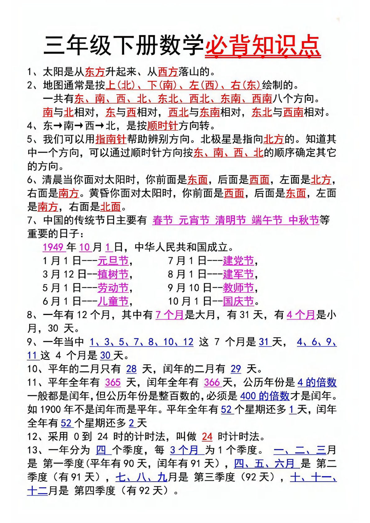 三年级下册数学【必背易错考点】