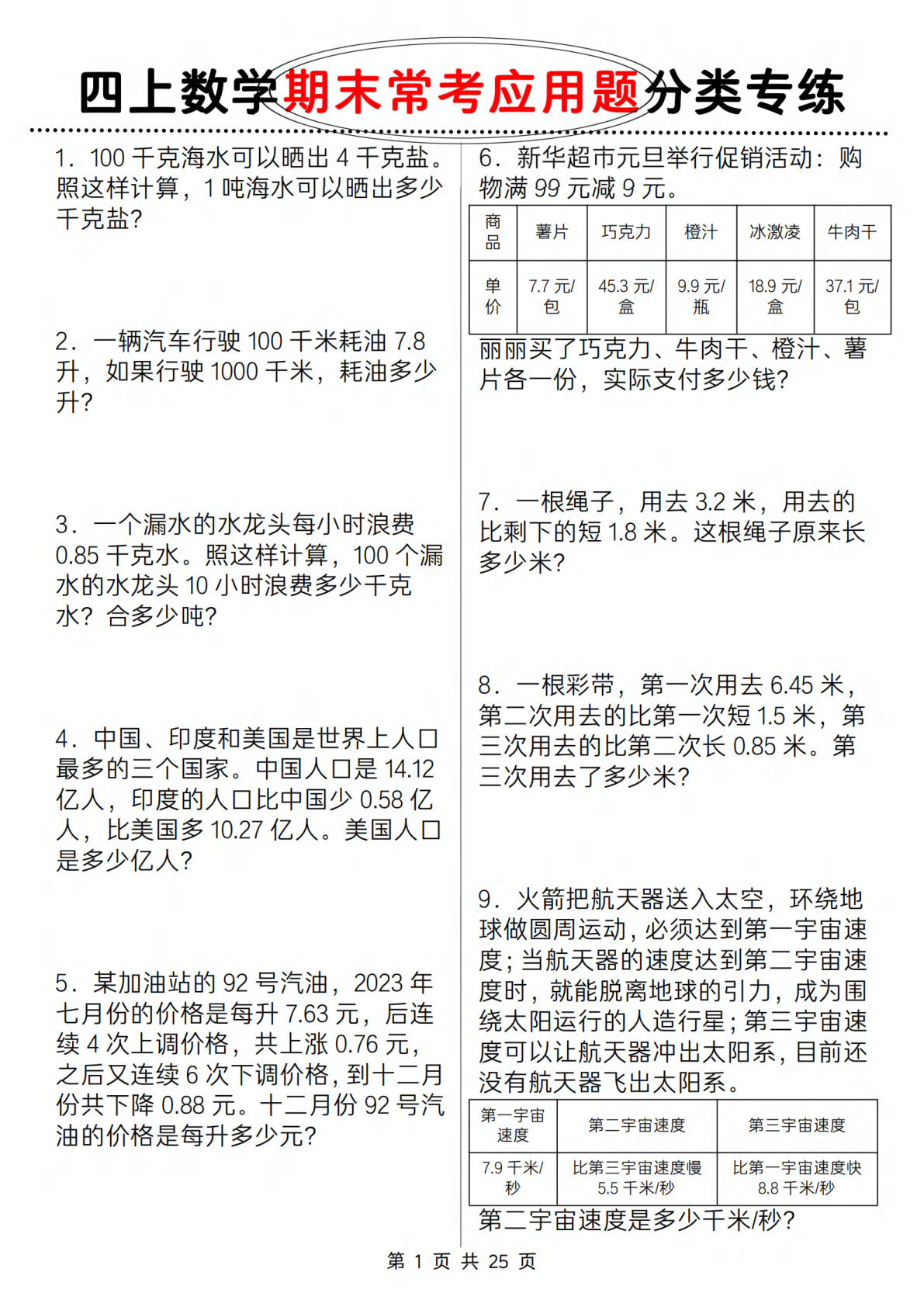 四年级上册人教版数学【期末常考应用题分类专练】