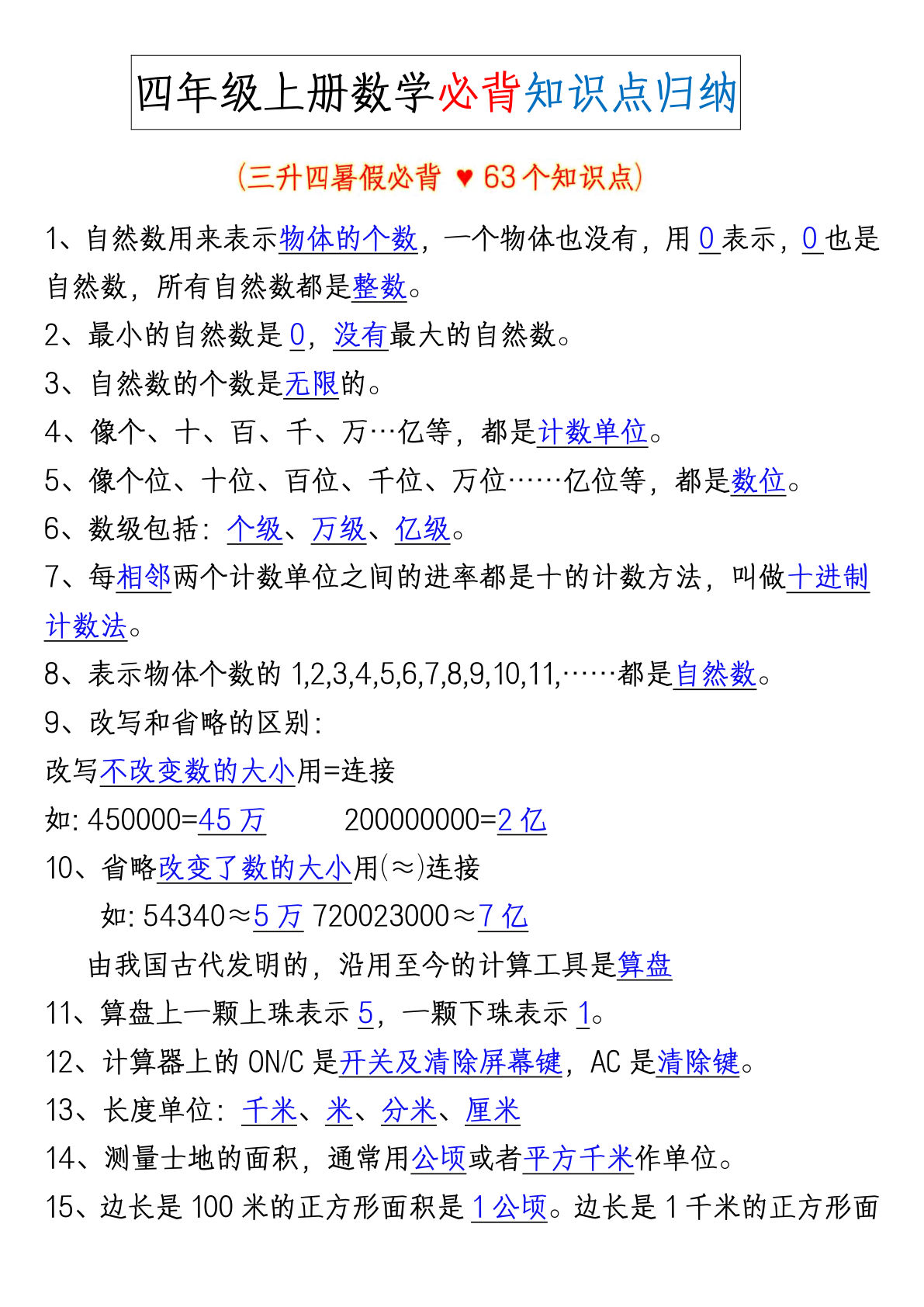 四年级上册数学【必背63个知识点归纳】