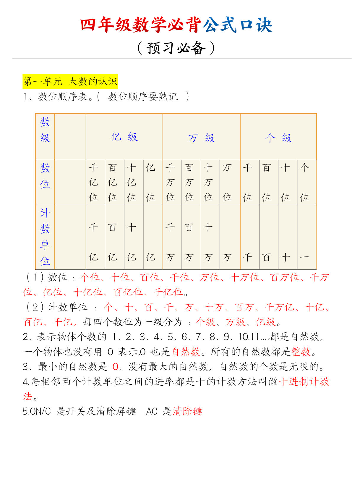 四年级上册数学【必背口诀公式】