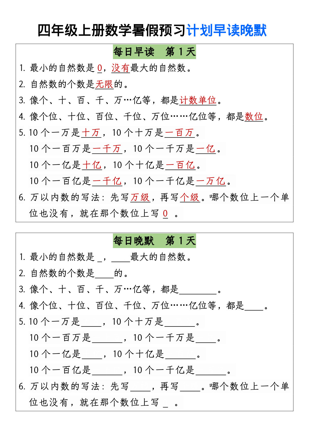 四年级上册数学【暑假预习计划早读晚默】