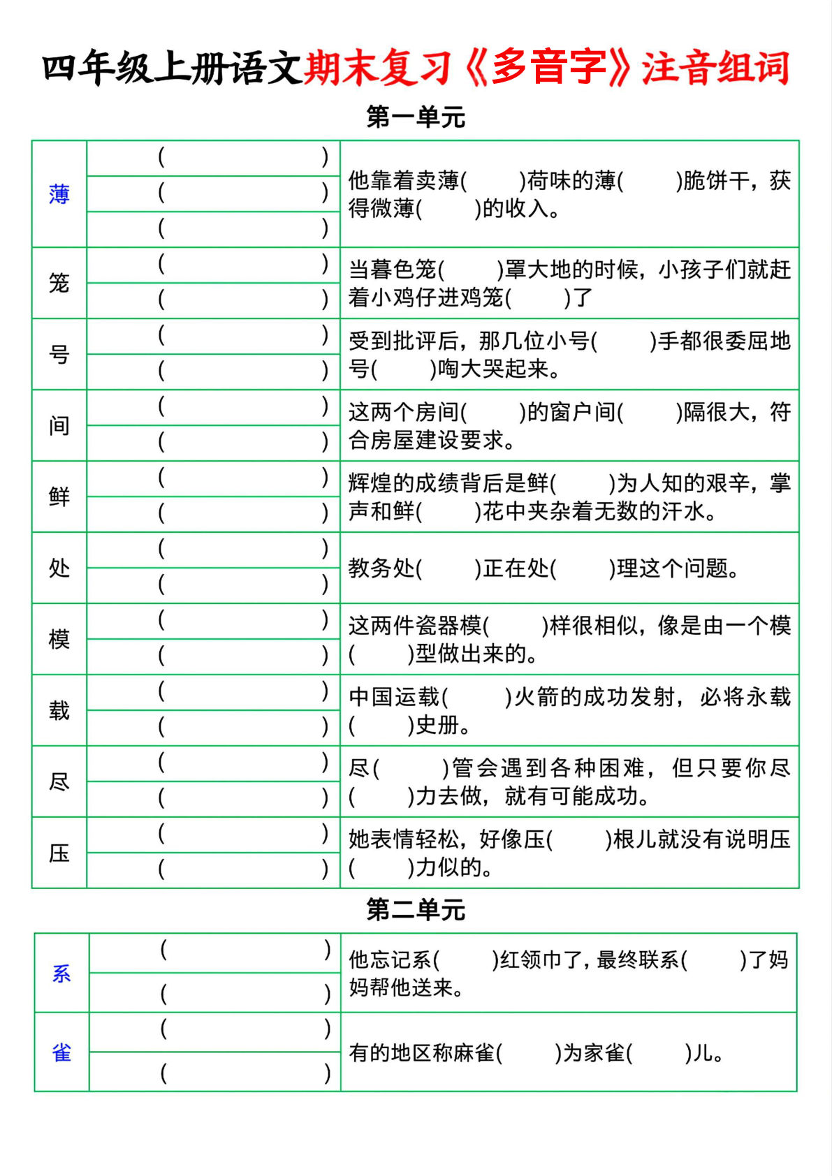 【期末复习多音字注音组词（空白）】四年级上册语文