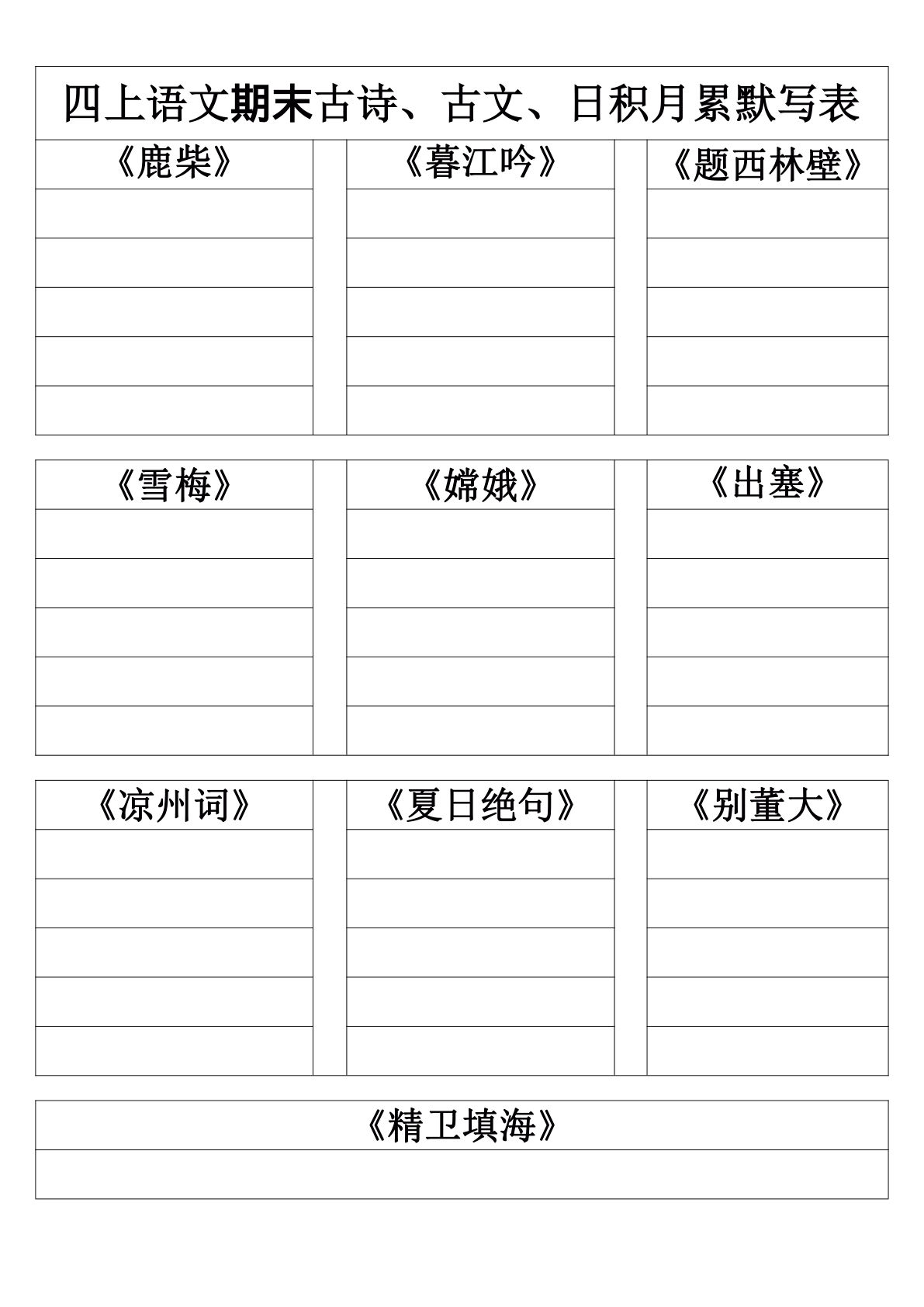 【期末古诗、古文、日积月累默写表】四年级上册语文
