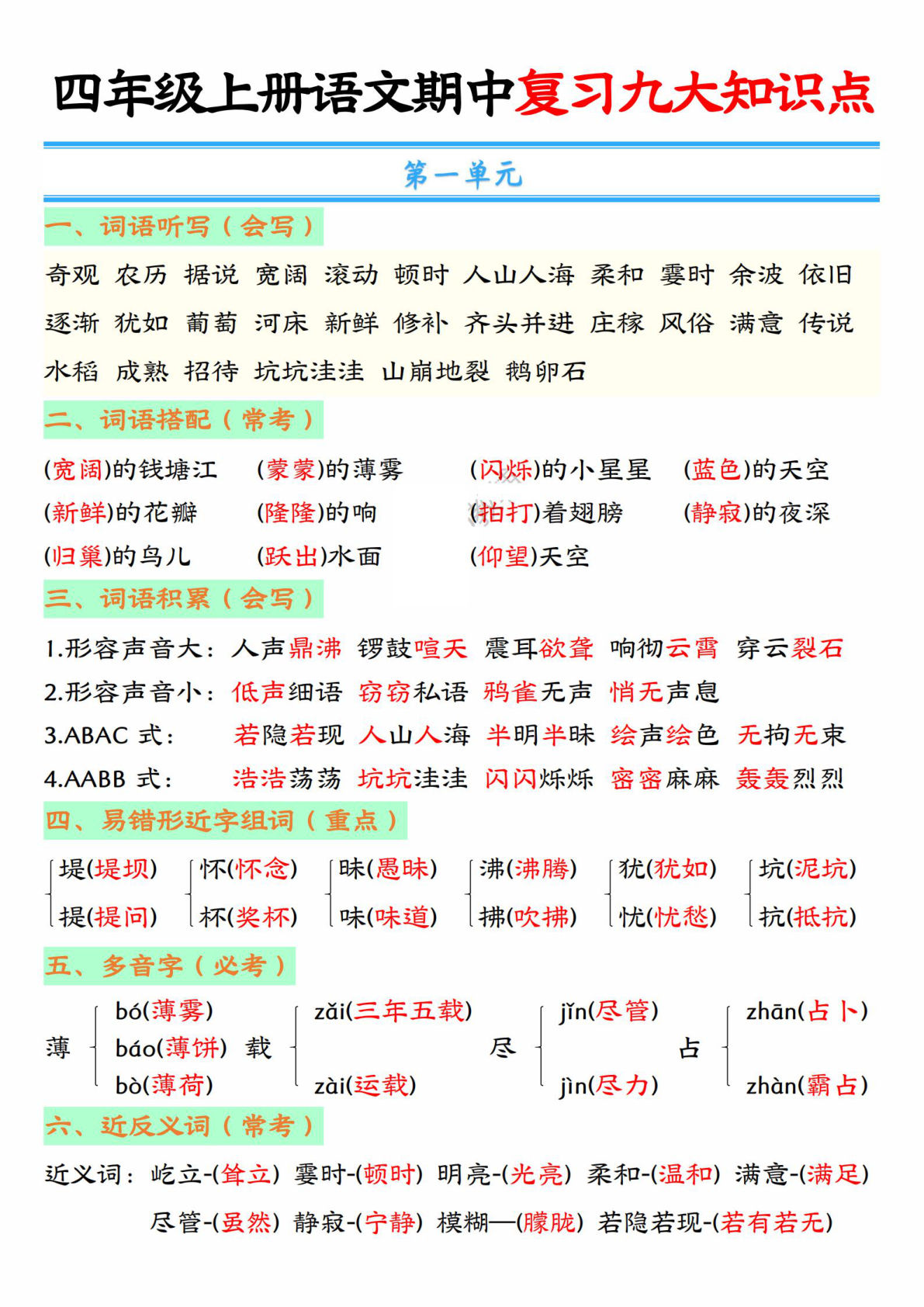 【期中复习九大知识点】四年级上册语文
