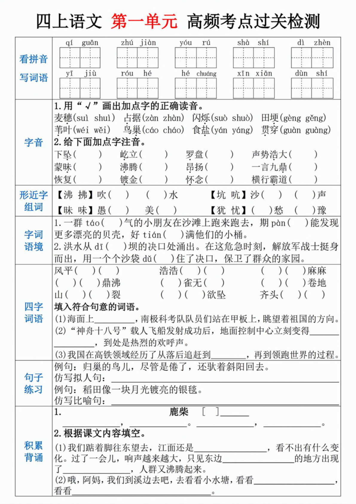 【1-8单元高频考点】四年级上册语文