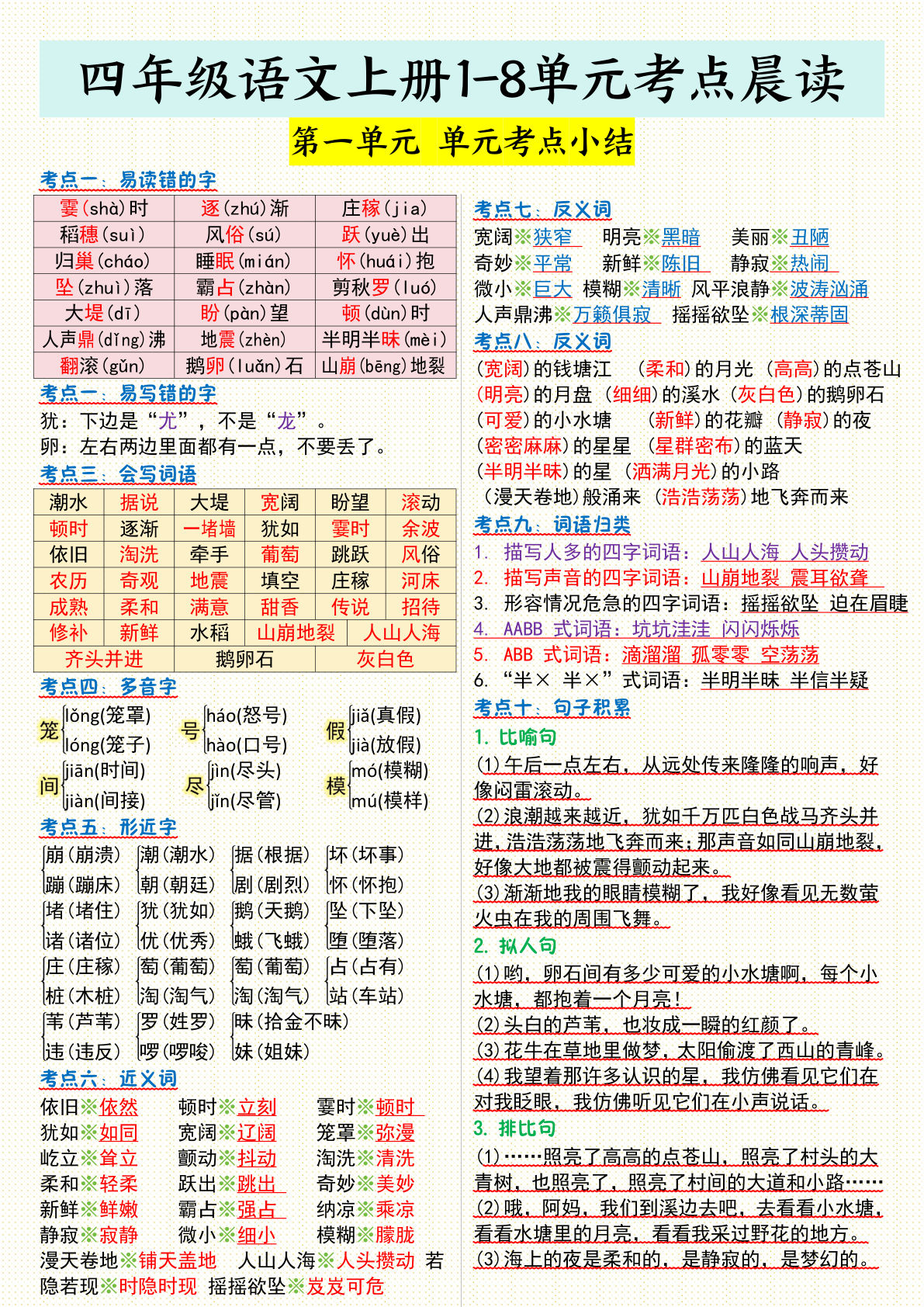 【1-8单元考点晨读】四年级上册语文