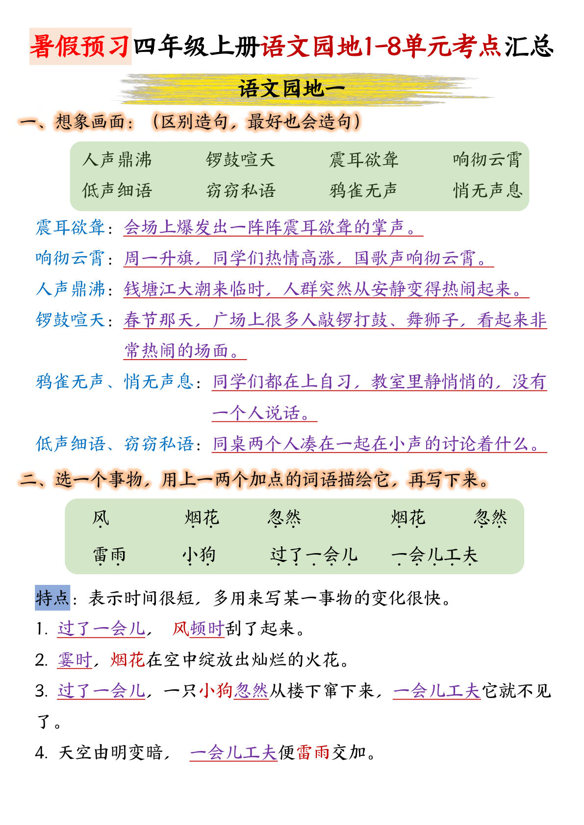 【1-8单元语文园地考点汇总】四年级上册语文