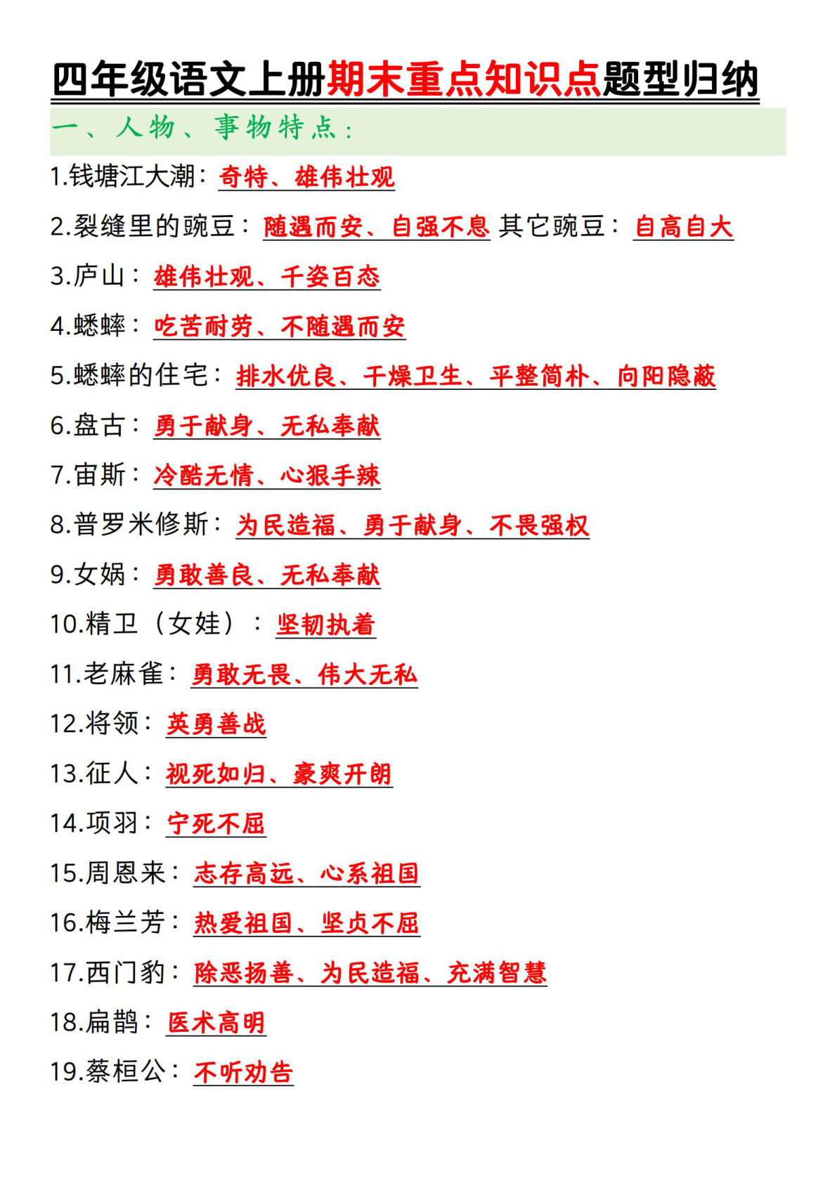 【期末重点知识点题型归纳】四年级上册语文