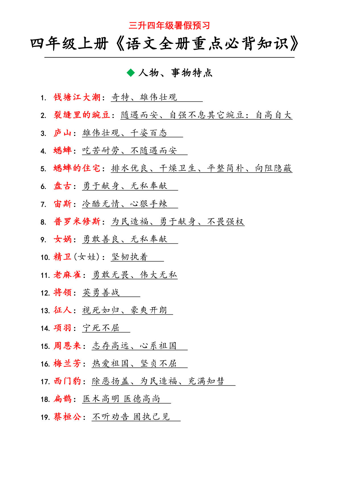 【全册重点必背知识】四年级上册语文