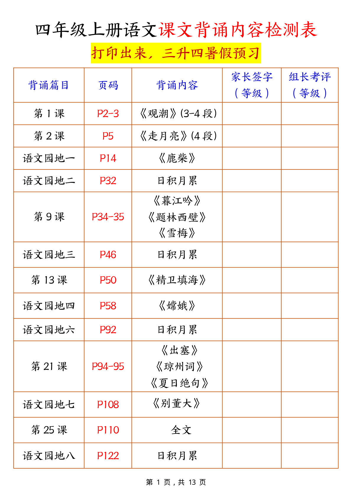 四年级上册暑假预习四年级上册语文课文背诵内容检测表（13页）