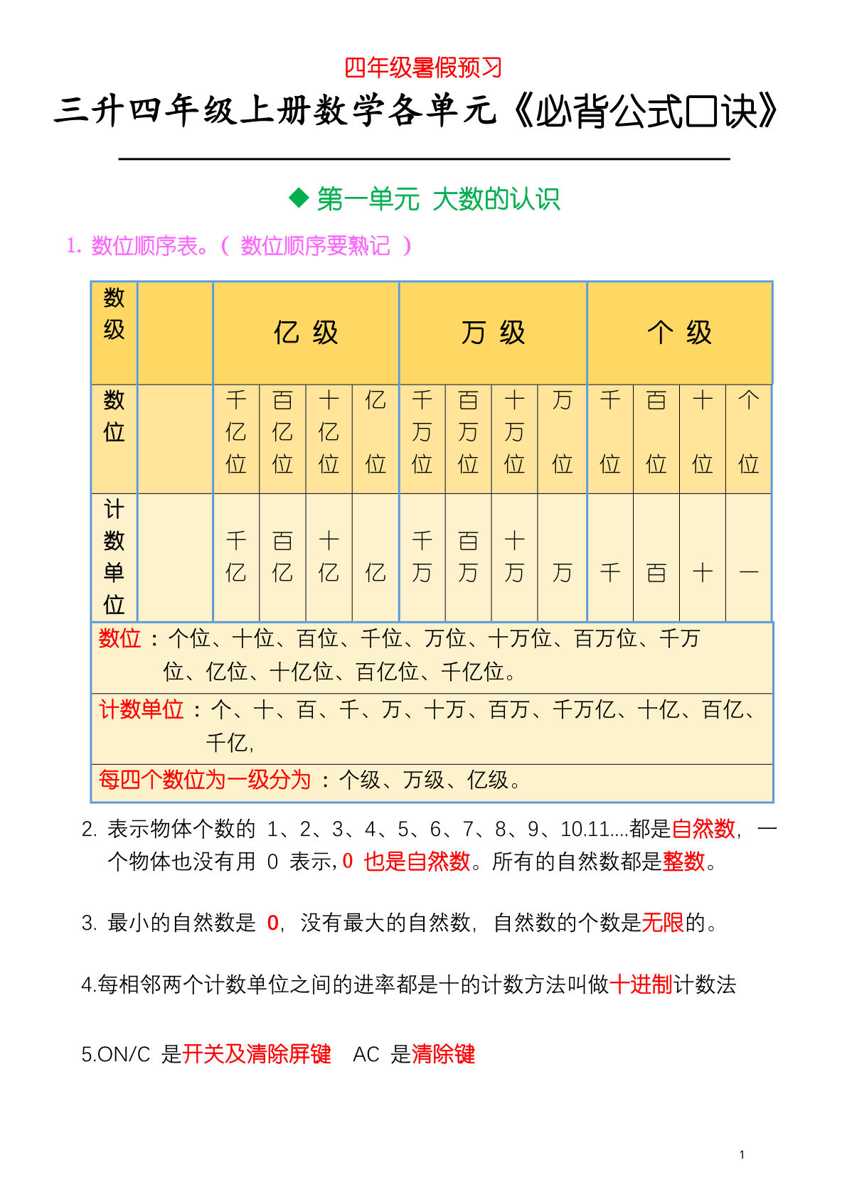 四年级上册数学暑假预习【必背概念公式】 