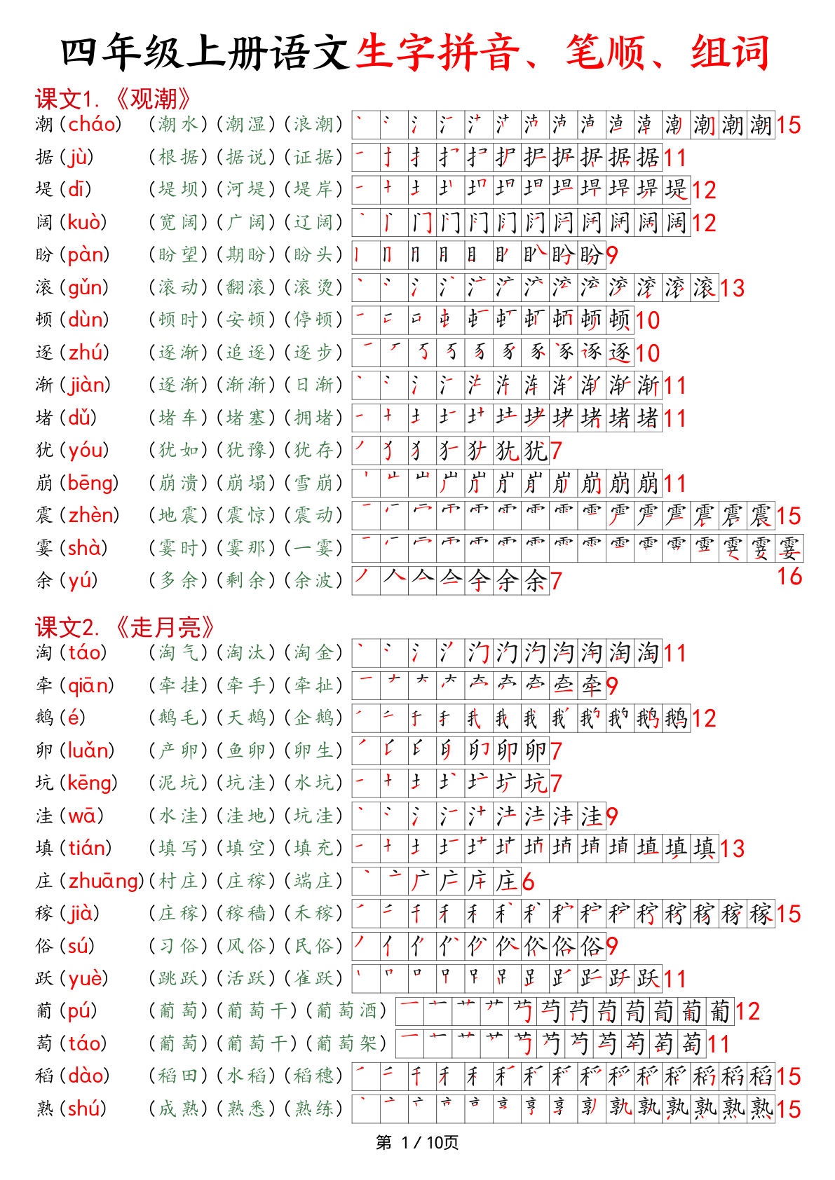 四年级上册语文生字拼音、笔顺、组词（10页）