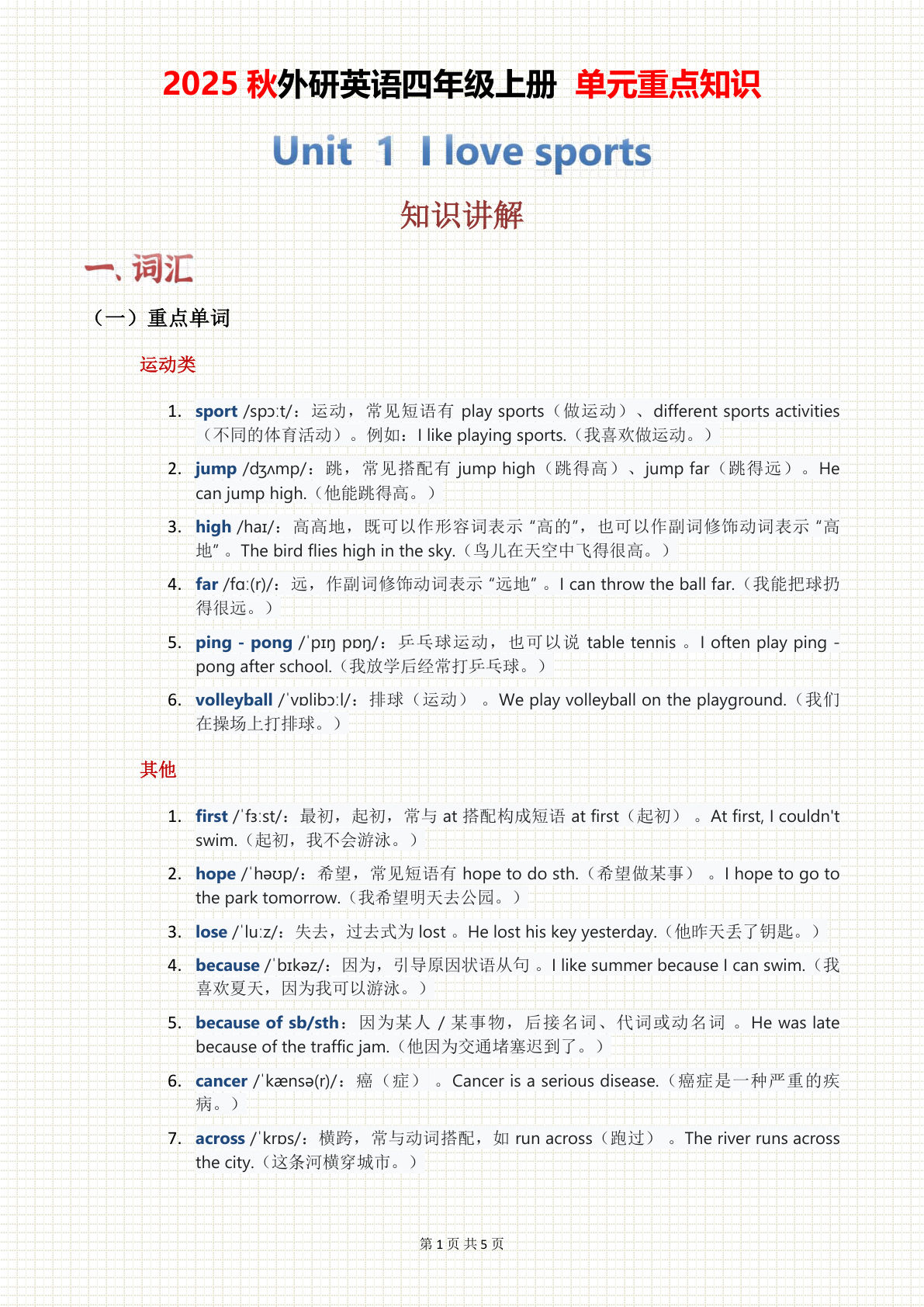 2025秋外研英语四年级上册 单元重点知识 Unit 01（5页）-鸡娃题库官网-永久免费分享小学教辅资源