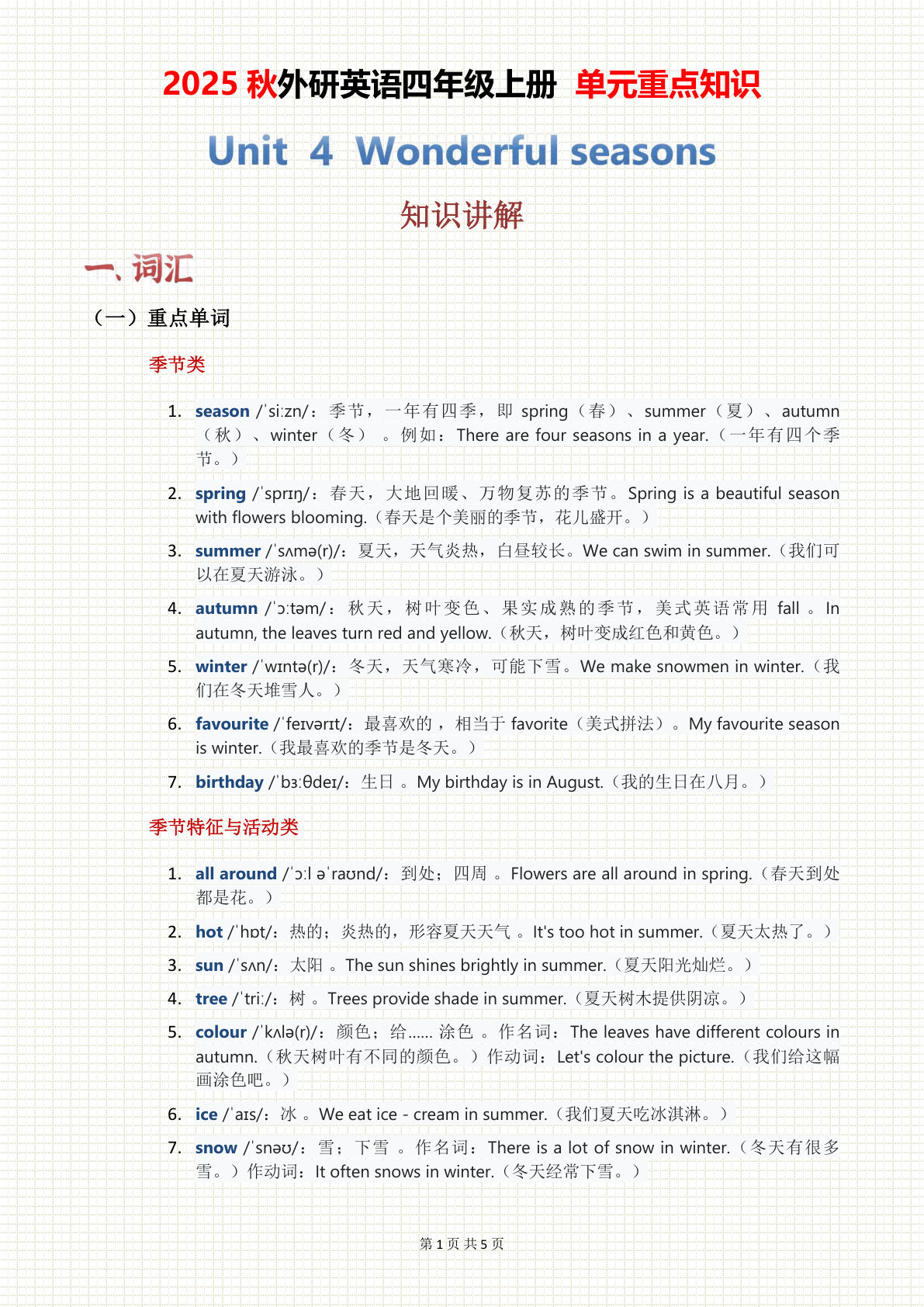 2025秋外研英语四年级上册 单元重点知识 Unit 04（5页）-鸡娃题库官网-永久免费分享小学教辅资源