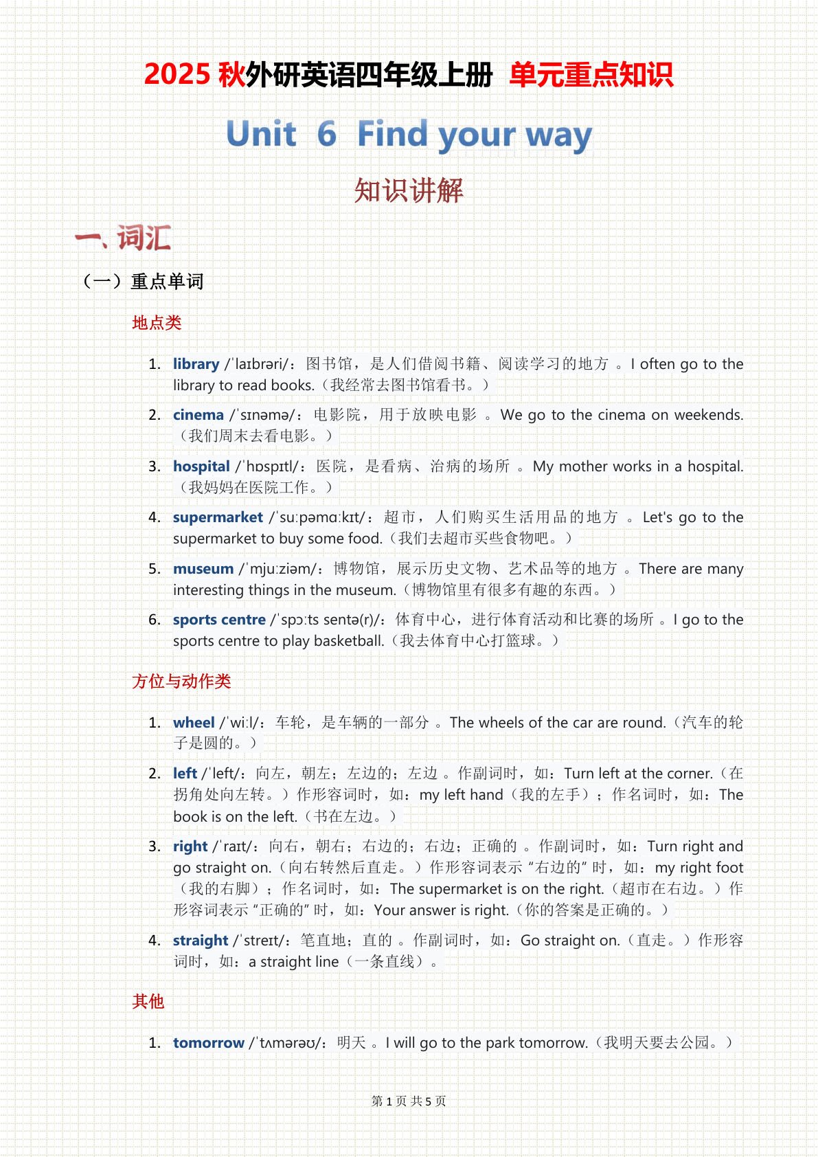 2025秋外研英语四年级上册 单元重点知识 Unit 06（5页）-鸡娃题库官网-永久免费分享小学教辅资源