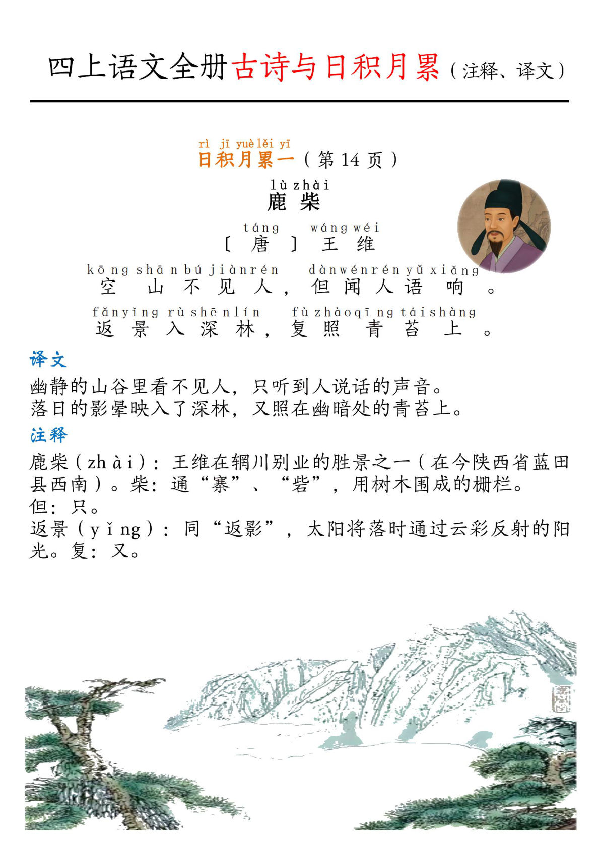 四年级上册语文【古诗与日积月累（注释、译文）16页】