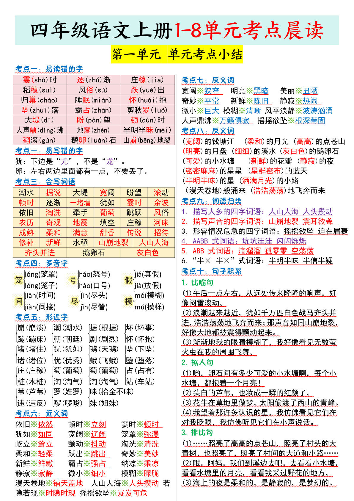 四年级上册语文【1-8单元考点晨读】