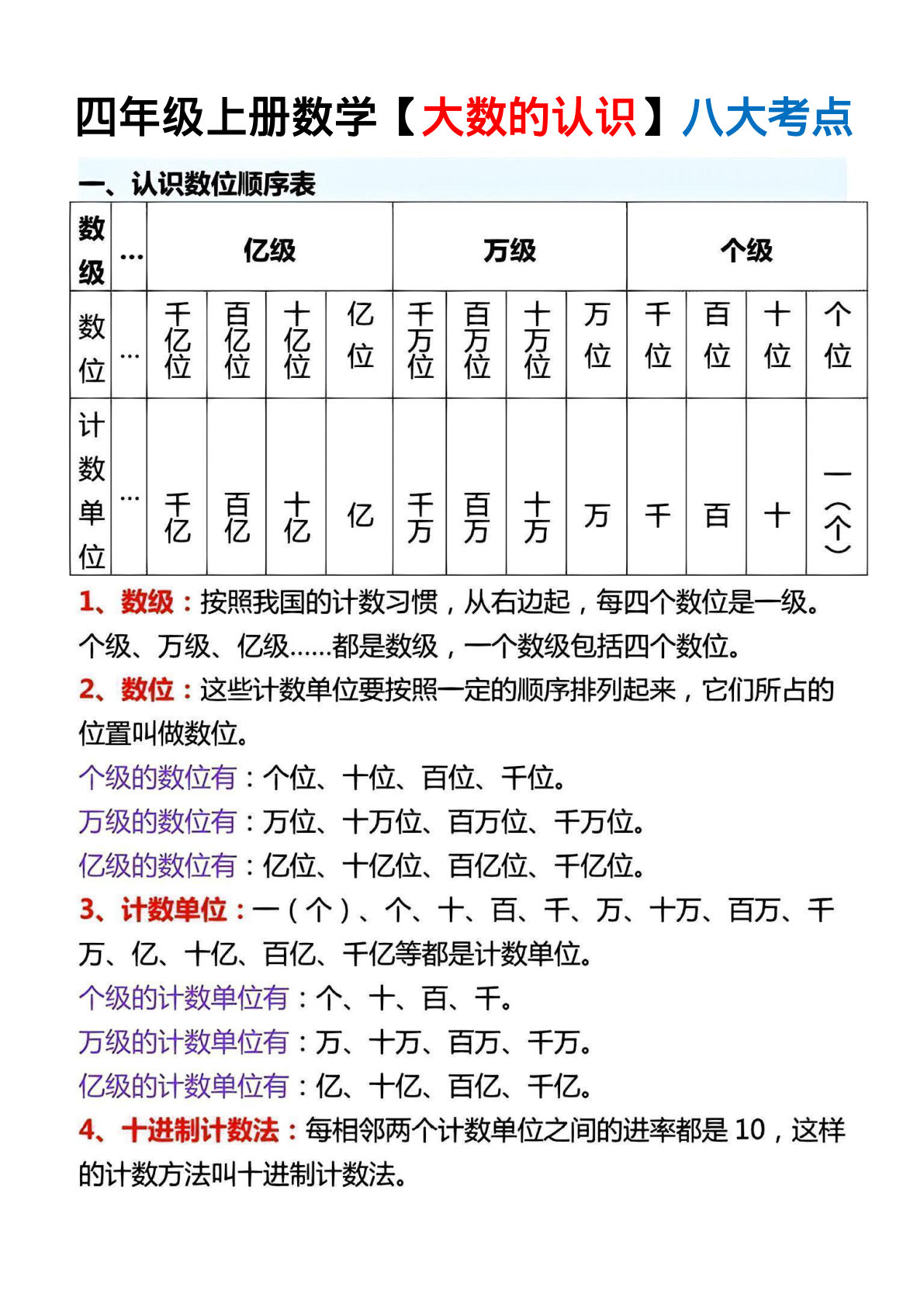 四年级上册通用版数学【大数的认识八大考点】