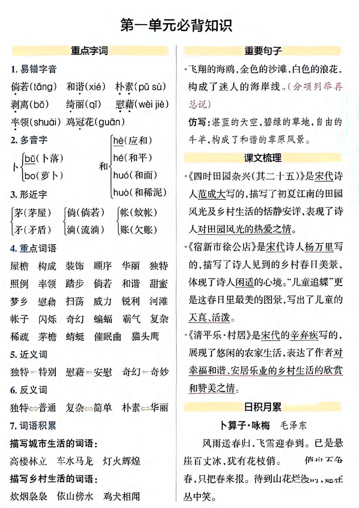 【1-8单元必背知识点】四年级下册语文