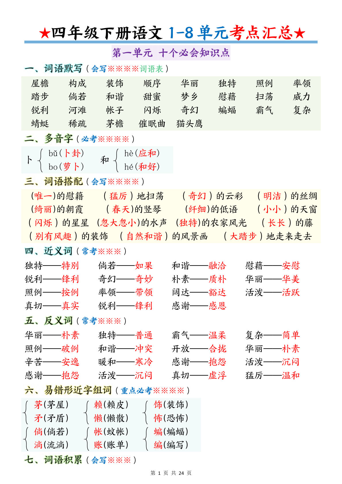 【1-8单元考点汇总】四年级下册语文