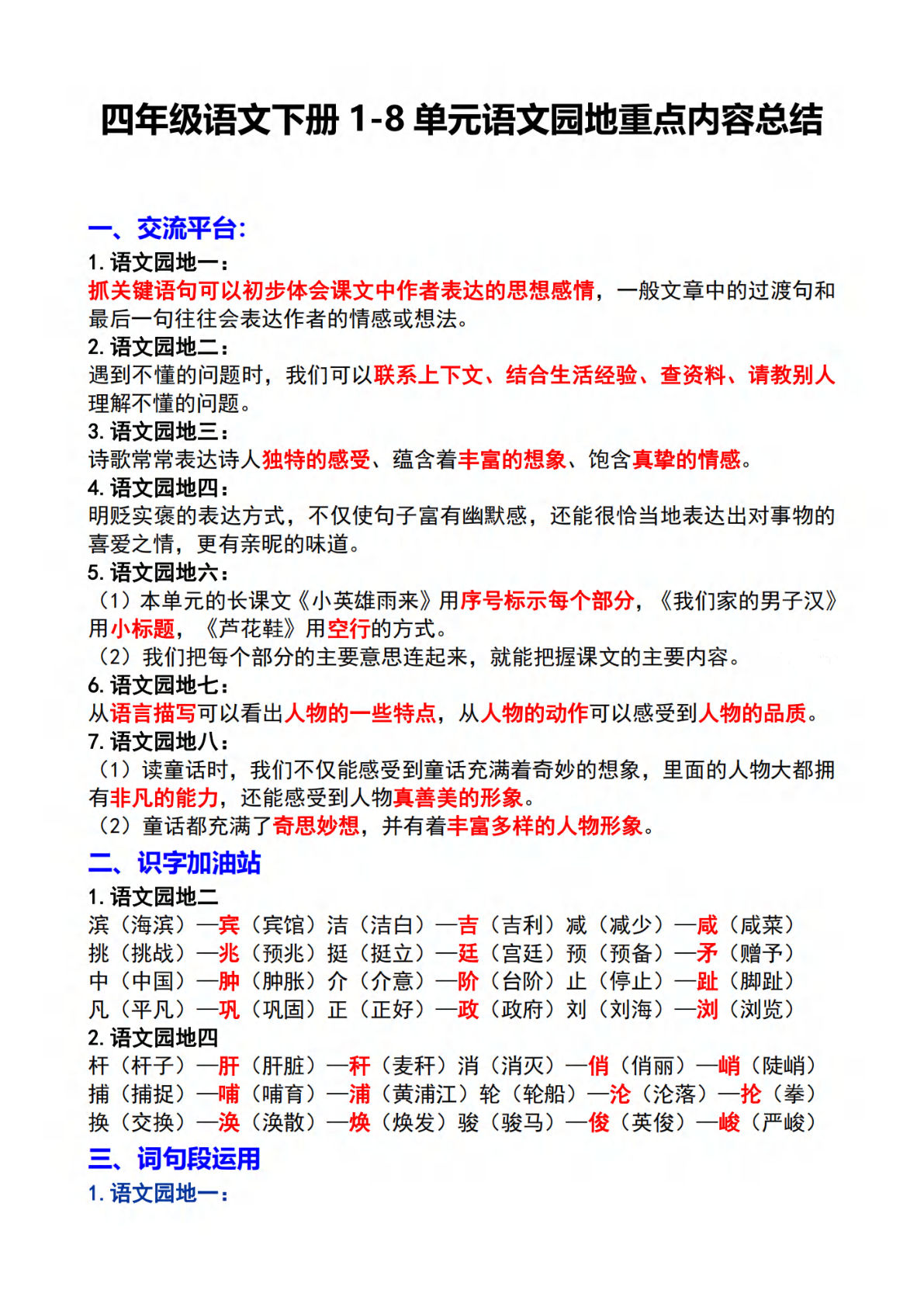 【1-8单元语文园地重点内容总结】四年级下册语文