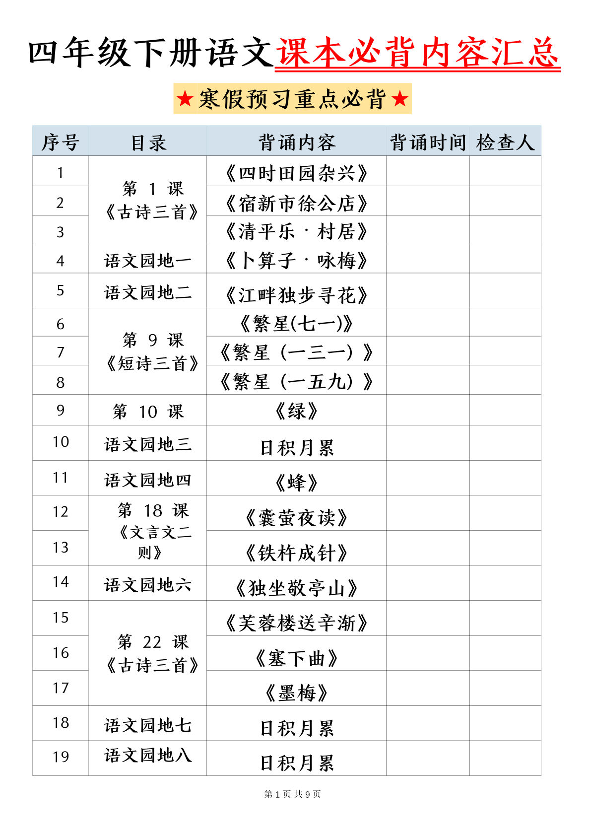 【课本必背内容汇总】四年级下册语文
