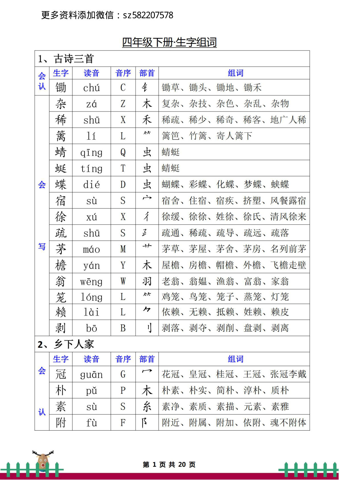 【生字注音组词】四年级下册语文