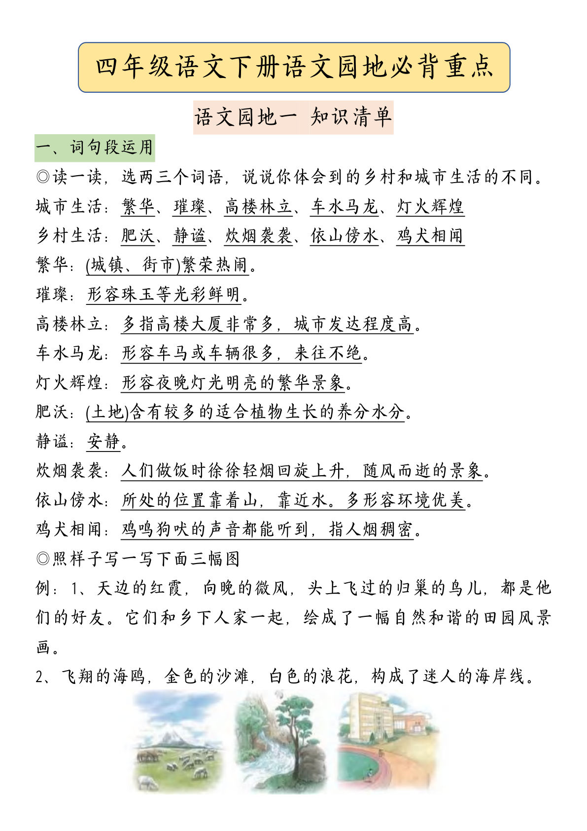 【语文园地必背重点考点总结】四年级下册语文