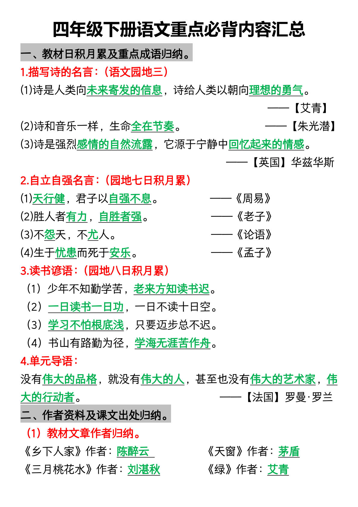 【重点必背内容汇总】四年级下册语文