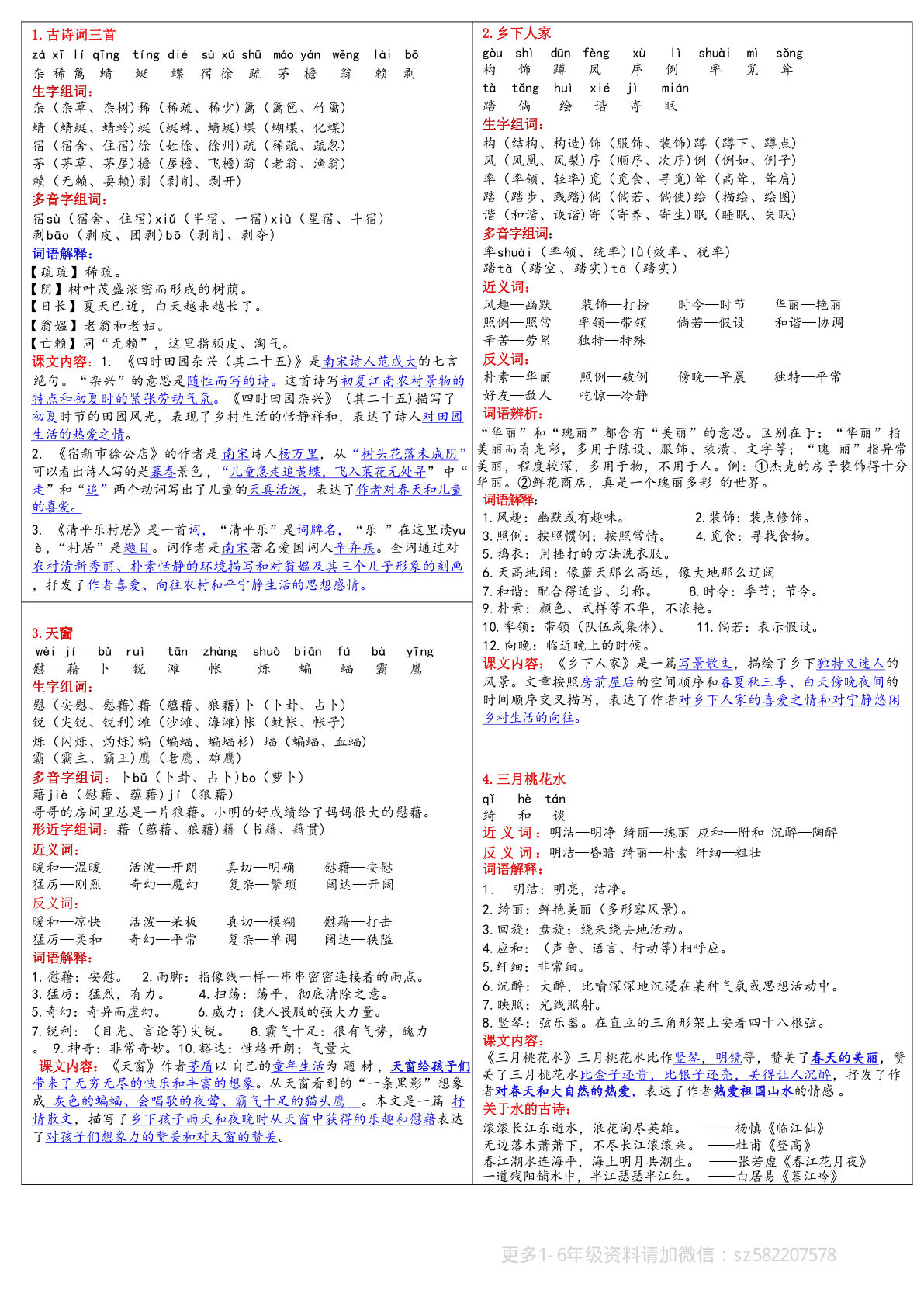 【全册1-28每课重点课课贴含语文园地，预习巩固复习必备】四年级下册语文