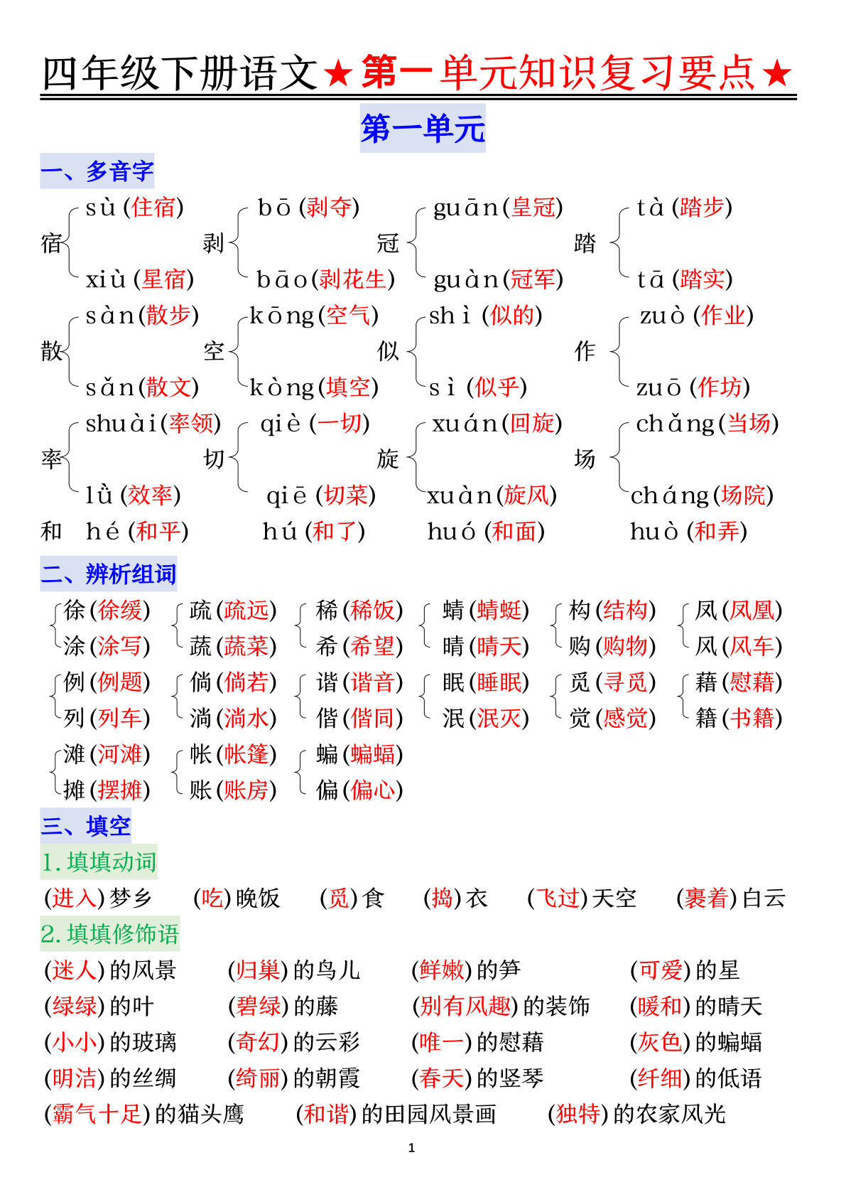 【第一单元知识复习要点练习（附答案）】四年级下册语文