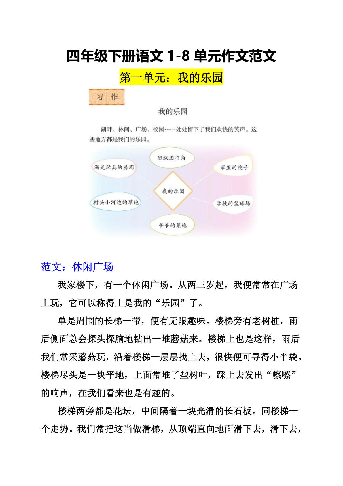 四年级下册语文作文范文1-8单元