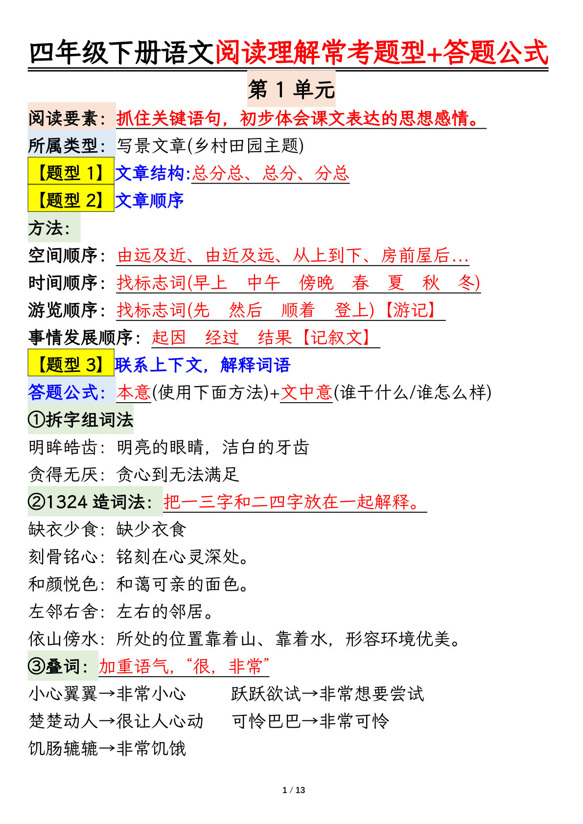 【1-8单元阅读理解常考题型+答题公式】四年级下册语文