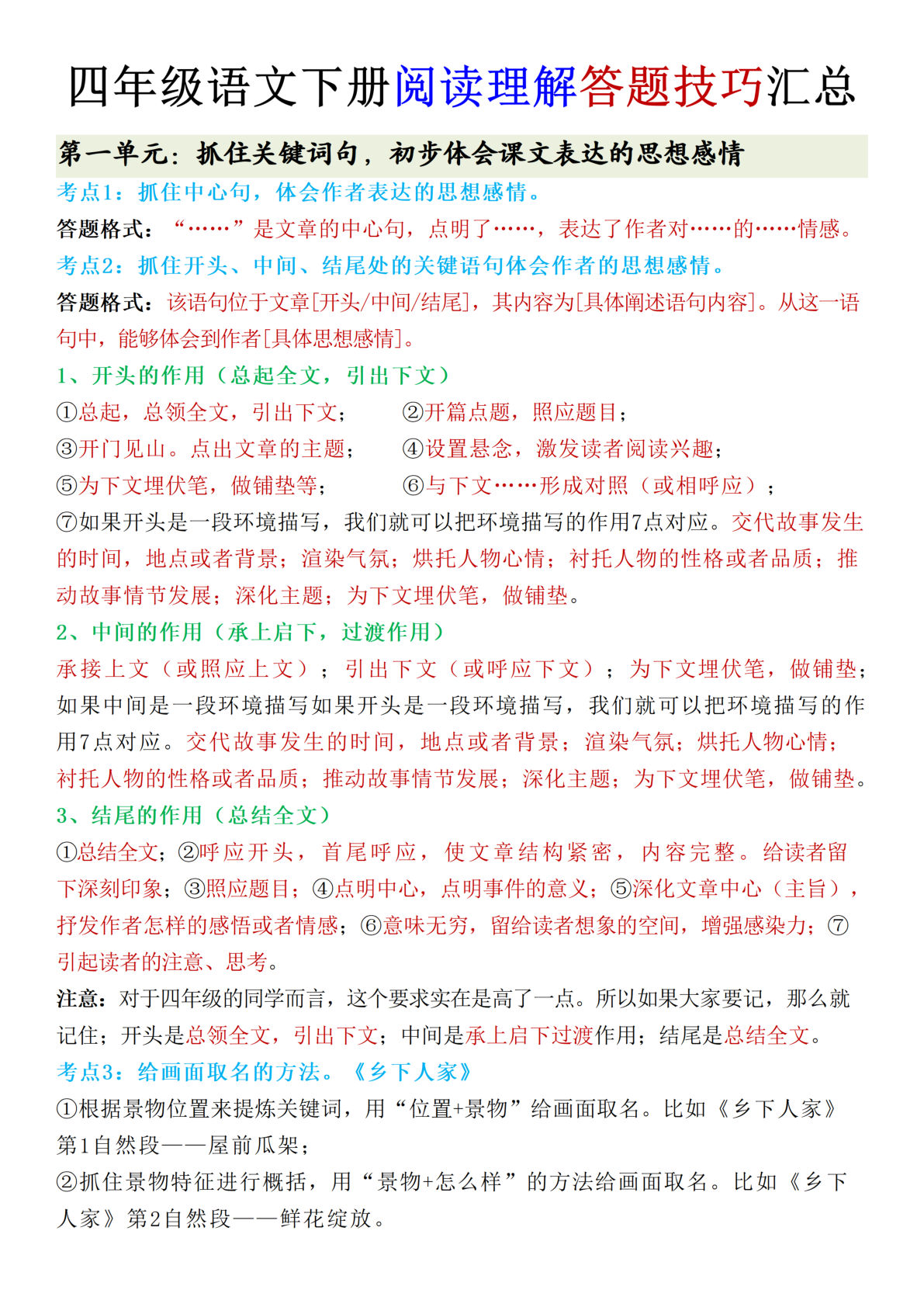 【1-8单元阅读理解答题技巧汇总】四年级下册语文